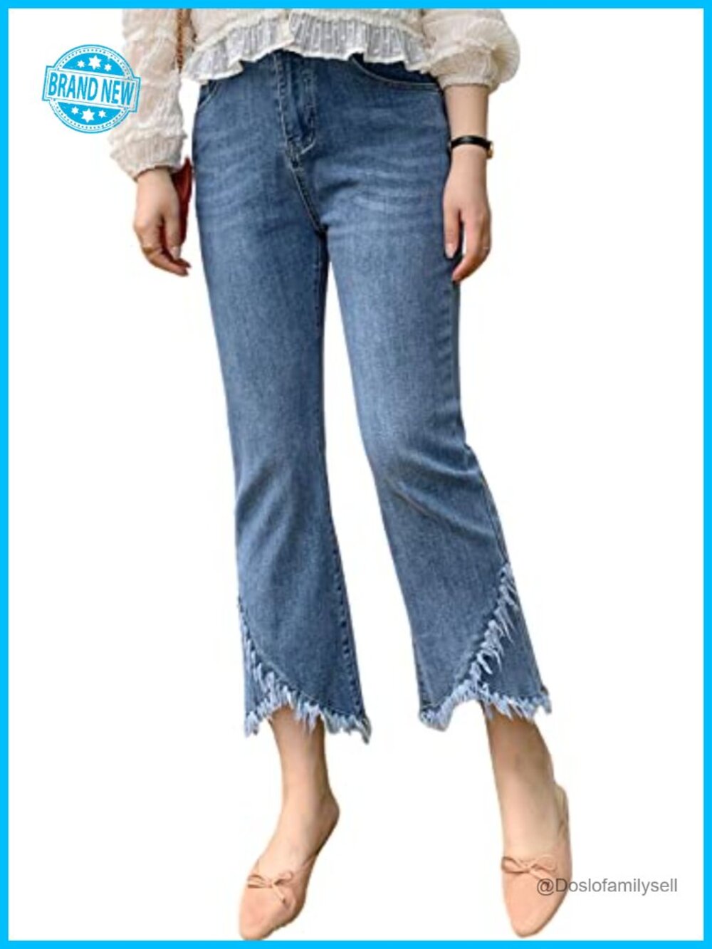 Women's Stretchy Ripped Distressed Cropped Jeans with Frayed Tassel Hem